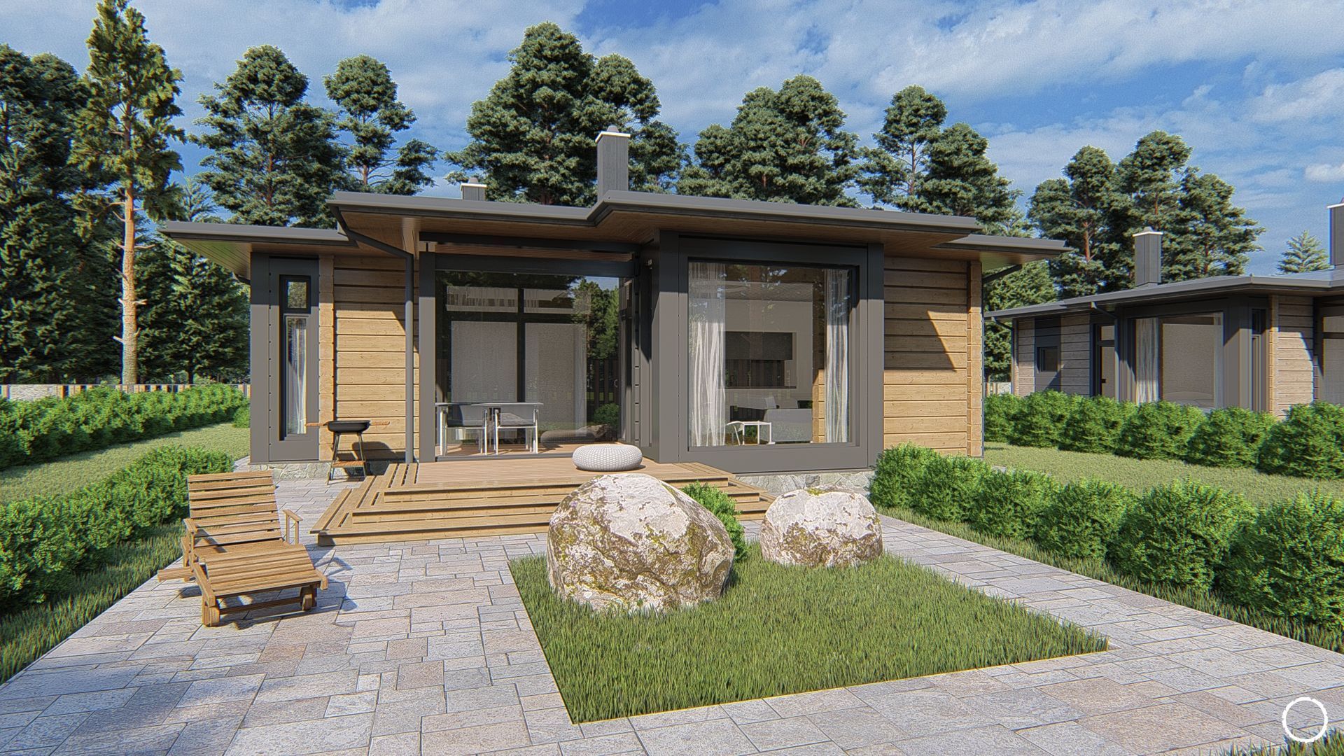 Architectural rendering of a compact timber home with panoramic glazing