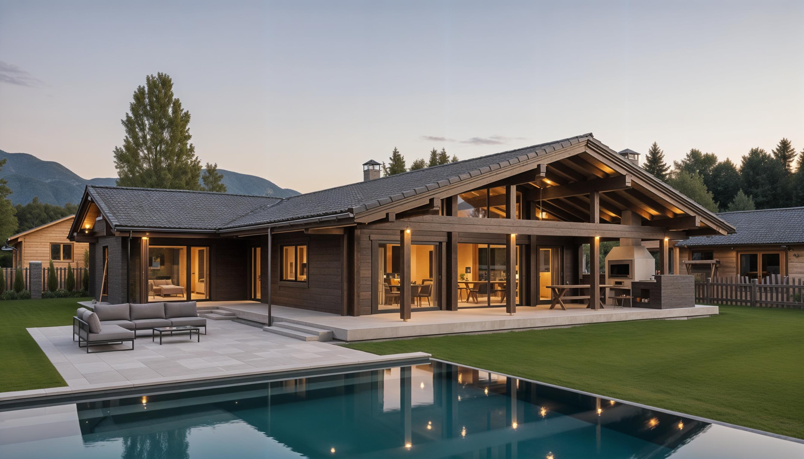 Timber home with a spacious terrace and pool at dusk